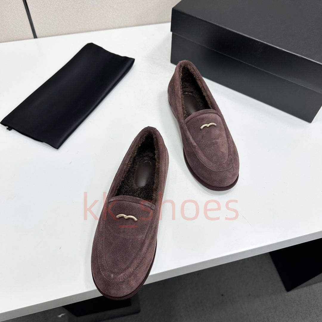 Classic Women Winter Loafers Designer Suede Furry Warm Moccasins Luxury Lady Casual Flat Shoes Slip On Outdoor Cotton Slipper Metal Buckle Size 35-4