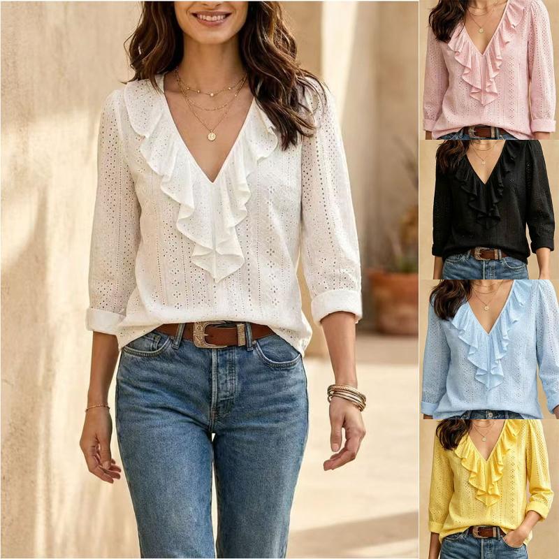 Designer Women Long Sleeve V Neck Ruffle Blouse Solid Color Slim Fit Elegant Commuting Top S-XXL Fall Daily Wear