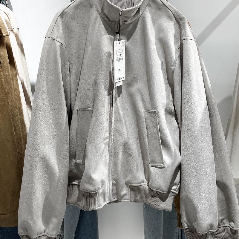 Designer Men Minimalist Faux Suede High Neck Zip Up Short Jacket Long Sleeve Solid Color Loose Fit Spring Autumn Casual Outerwear S-XL