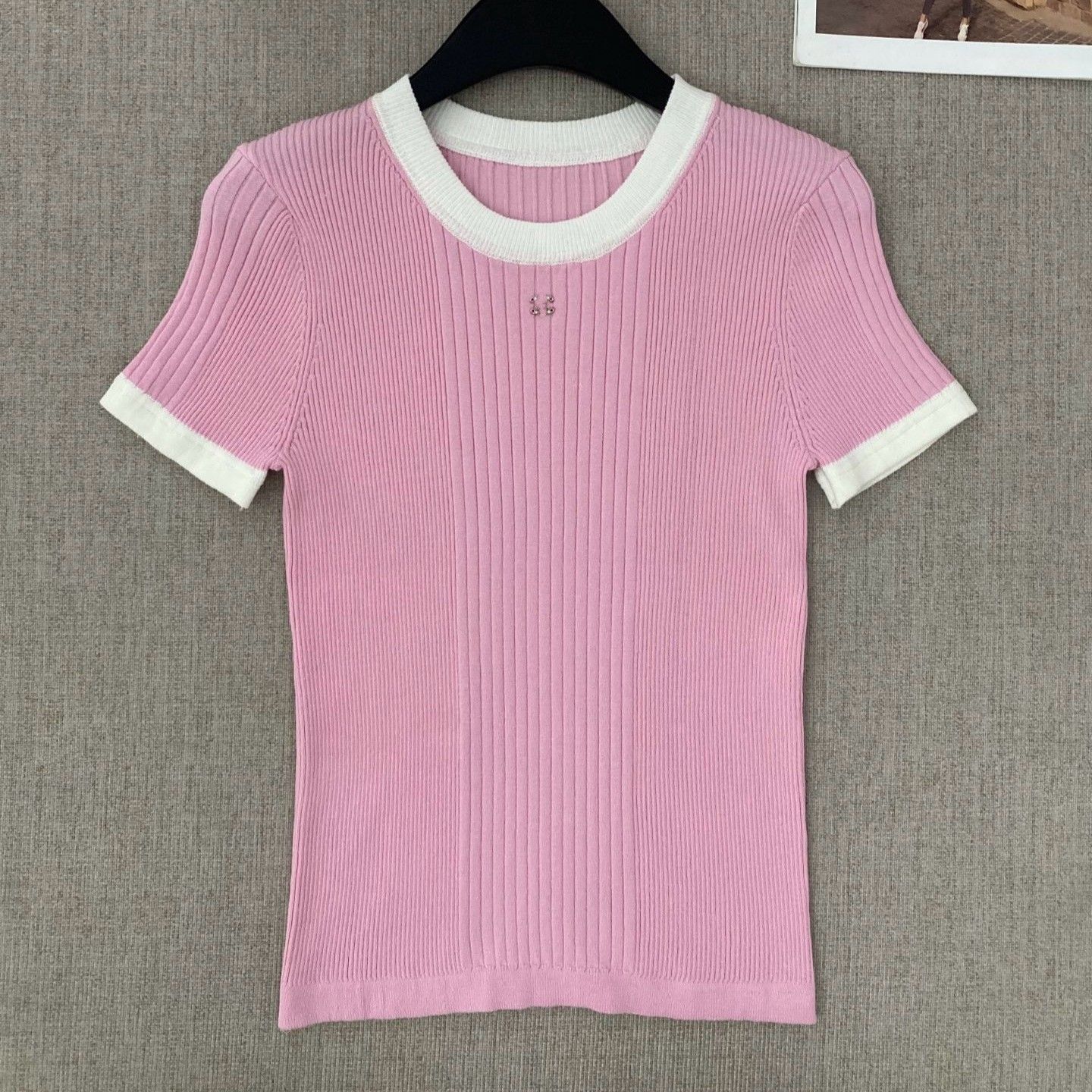Women new designer logo letter rhinestone appliqued thread knitted candy color knits tees SML