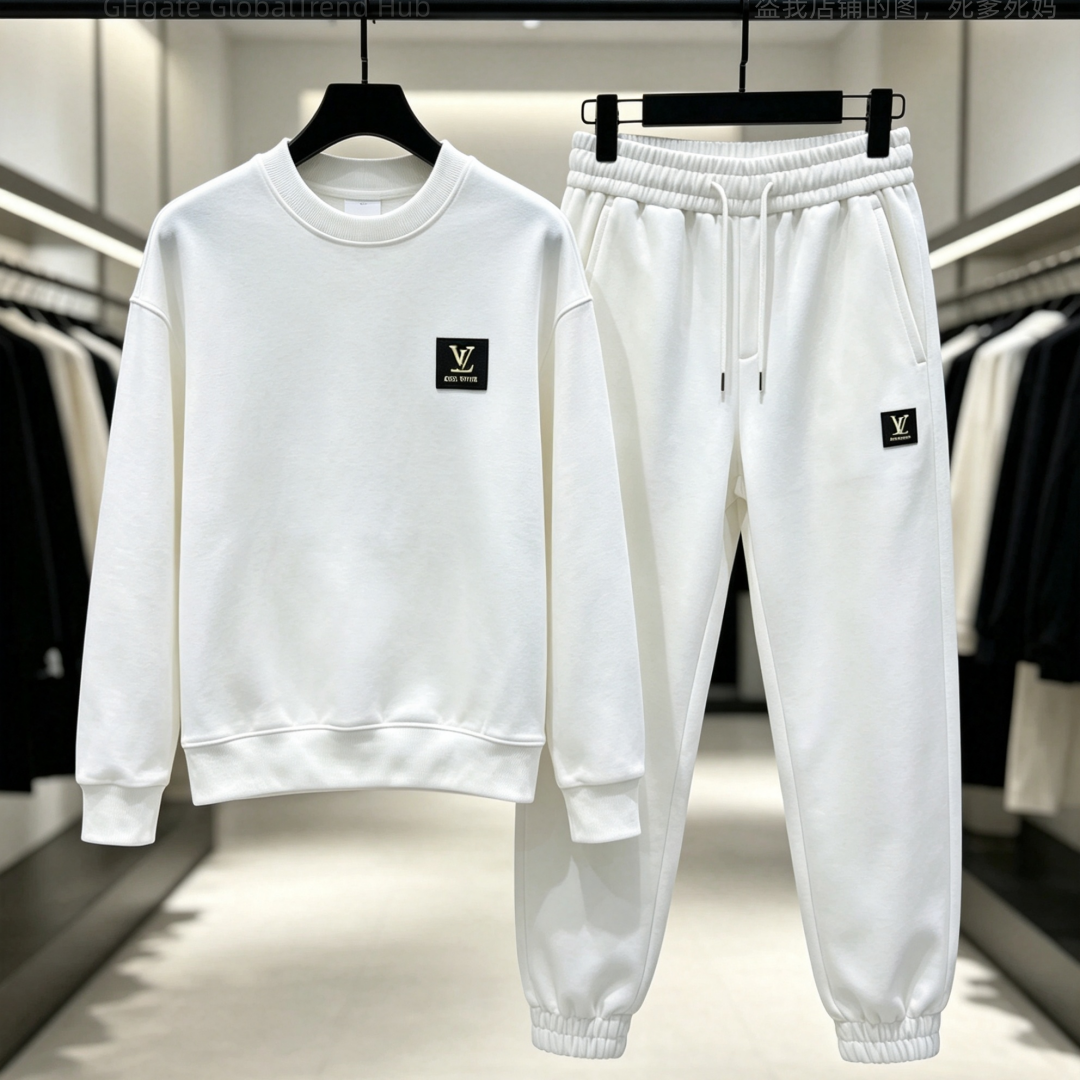 Mens High Quality Fall Crew Neck Jogger Set, Fashion Patch Badge Design, Thick Soft Fabric, Multi Color Options, Hip-hop Street Holiday Daily Casual