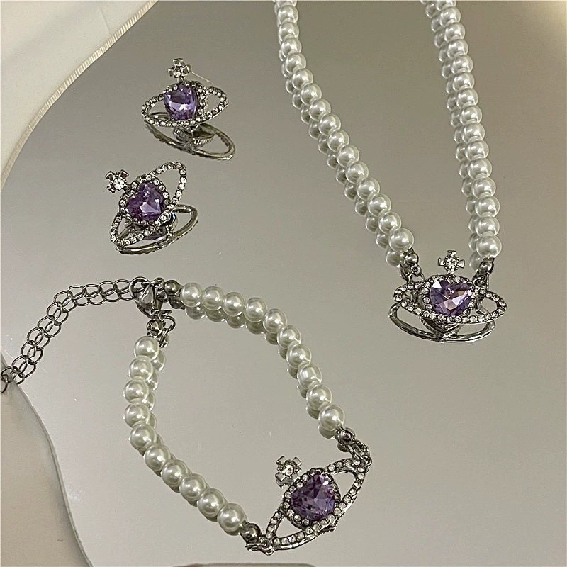 Women Faux Pearl Jewelry Set, Heart Shape Purple Crystal Cosmic Planet Pendant Necklace Bracelet Stud Earrings, Silver Tone Rhinestone Statement Jew