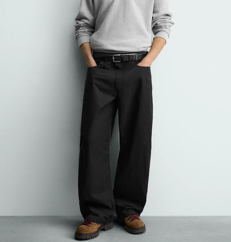 High-Quality Goods Men's Cotton-Blend Loose Wide-Leg Casual Pants, Black Straight-Leg Trousers for Spring and Summer, Zipper Fly with Pockets,