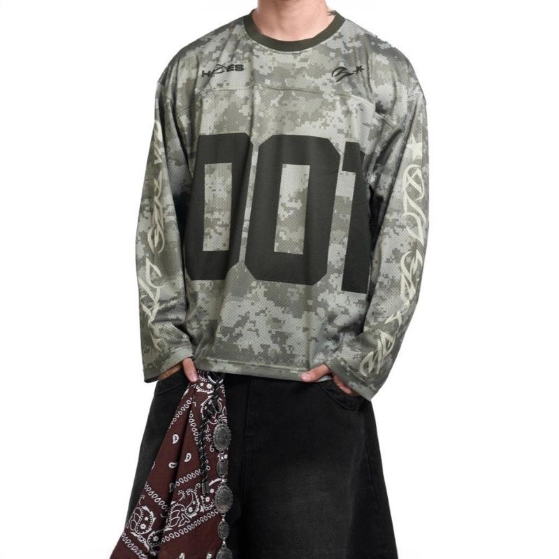 Men Crew Neck Mesh Long Sleeve Sports Jersey All Over Camo Pixel Print Front Oversized Side Embossed Loose Drop Shoulder Casual Streetwear Long S