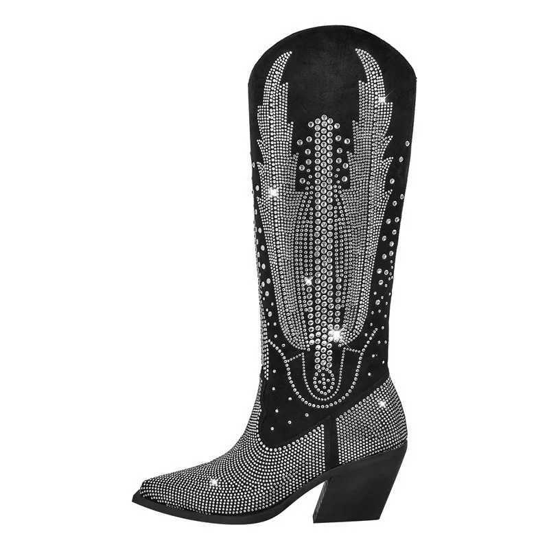 Handmade Hot Rhinestone Retro Western Cowboy Boots European American Women Performance Runway Fashion Thick Heel Knee High Boots