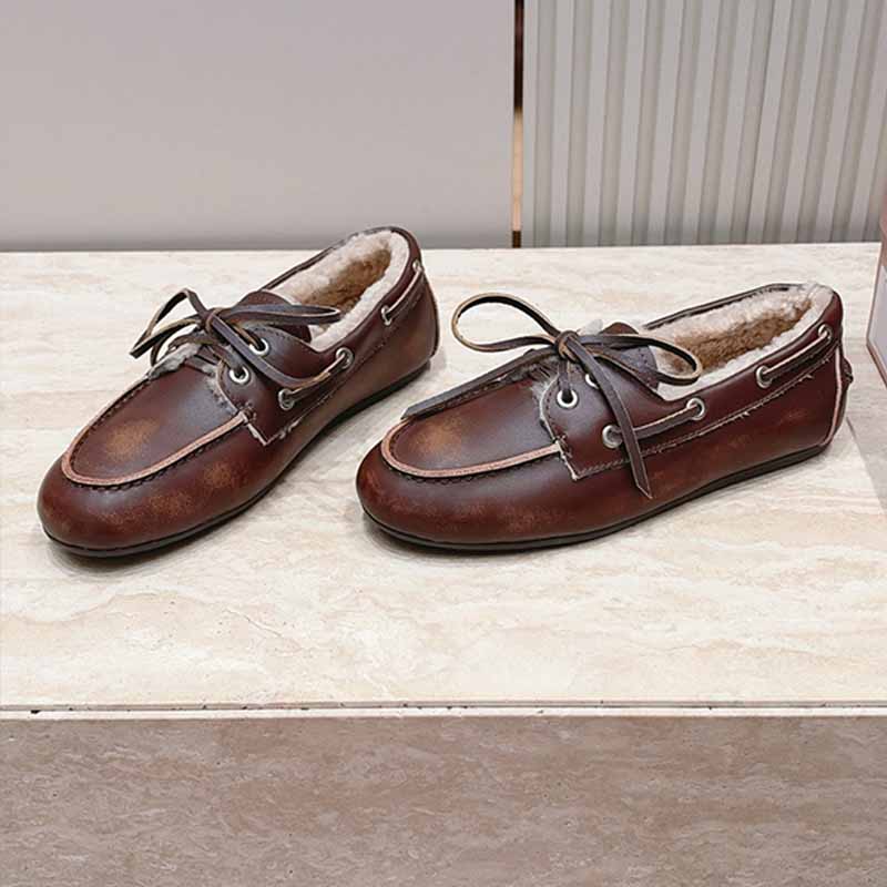 Bleached Leather Deck Shoes Removable Leatherlined Insole Sienna Color Retro Womens Lace Up Leather Shoes Apron Bow Winter leather Shoes