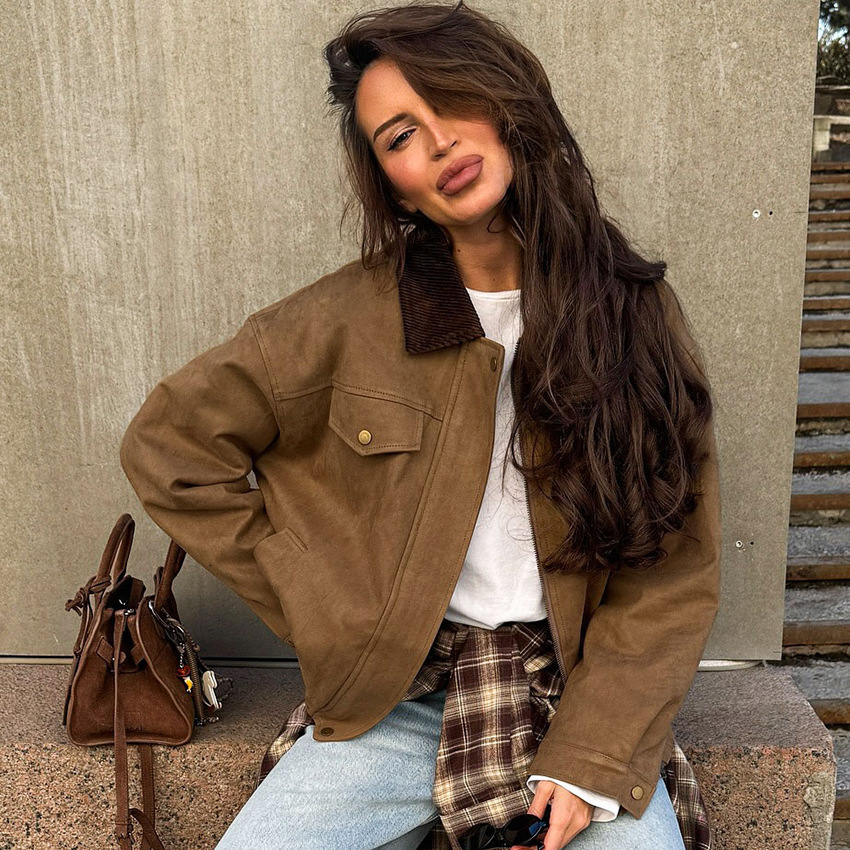 Lapel Cropped Suede Short Jacket Women Solid Long Sleeves Dropped Shoulder Zipper Loose Coat Female Retro Daily Street Outerwear 251230