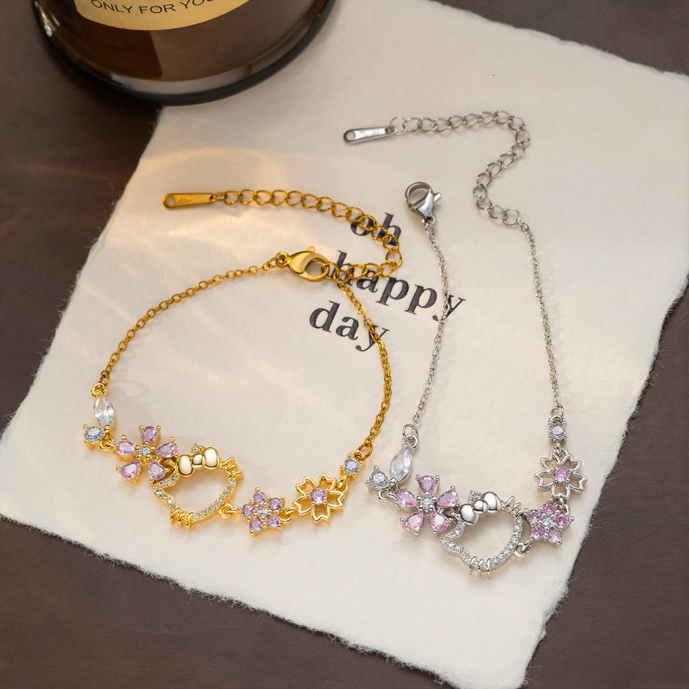 Light Luxury Cartoon Cat Cherry Blossom Diamond Copper Micro-Paved Titanium Steel Bracelet For Women, Exquisite, Sweet, Niche, Versatile, And High-V