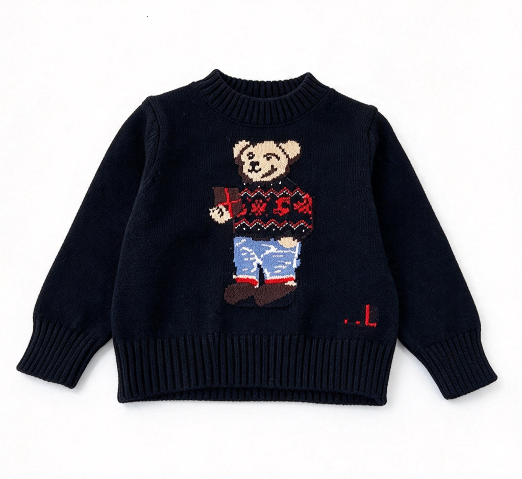 Soft Warm Knitted Kids Sweater Premium Designer Crew Neck Cute Cartoon Bear Jacquard Long Sleeve Autumn Winter Pullover Tops Baby Toddler Boys Girls