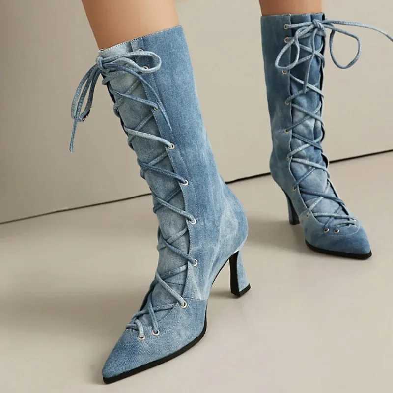 Denim Cross Strap Mid-calf Boots Autumn Winter Fashion Black 8cm High Heel Plush Warm Women's Long Boots Size 34-48