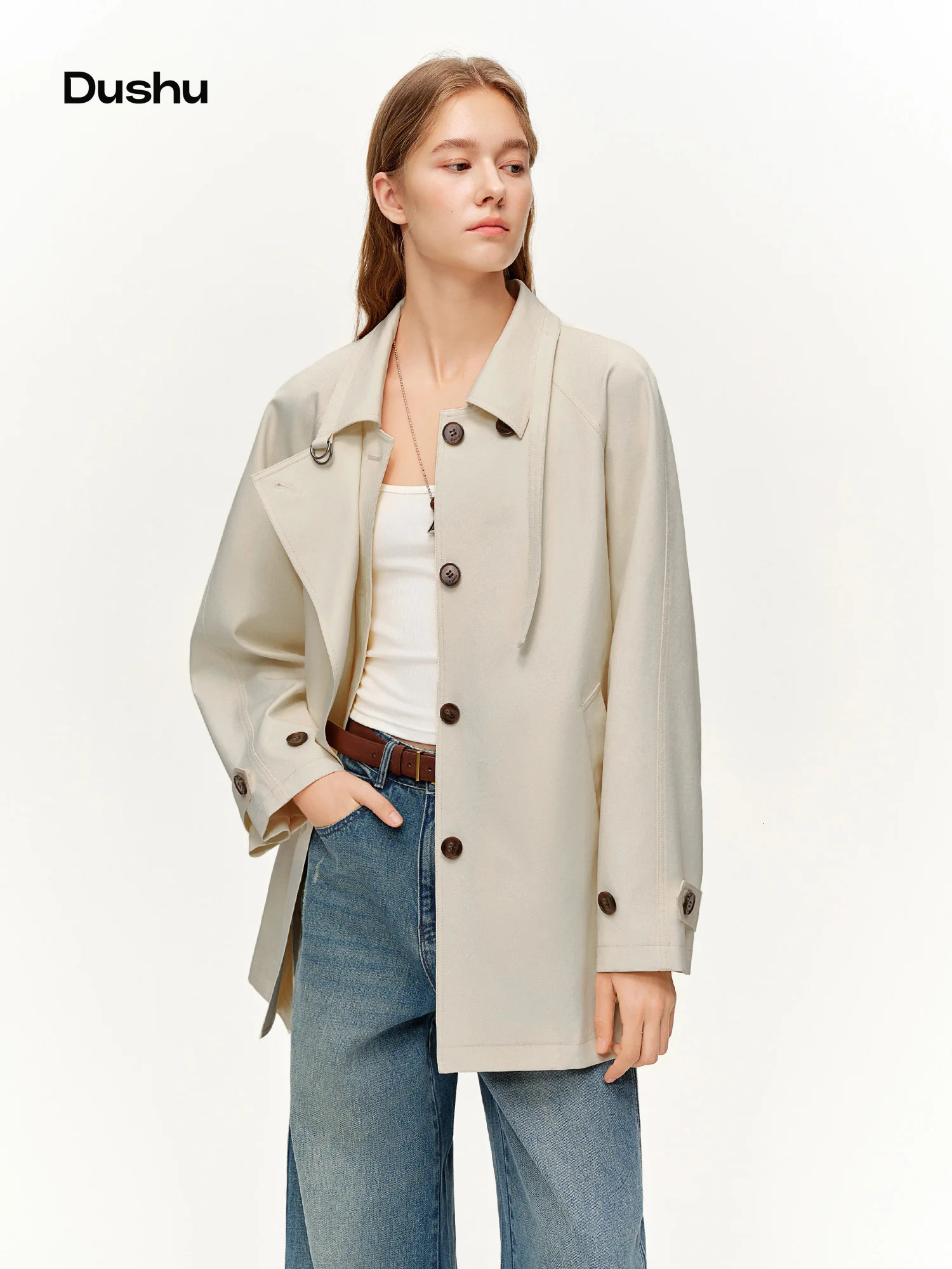 DUSHU British Style Long and Short Trench Coats Spring 2025 Urban Classic Lapel Jackets Cropped Commuting Temperament 260929