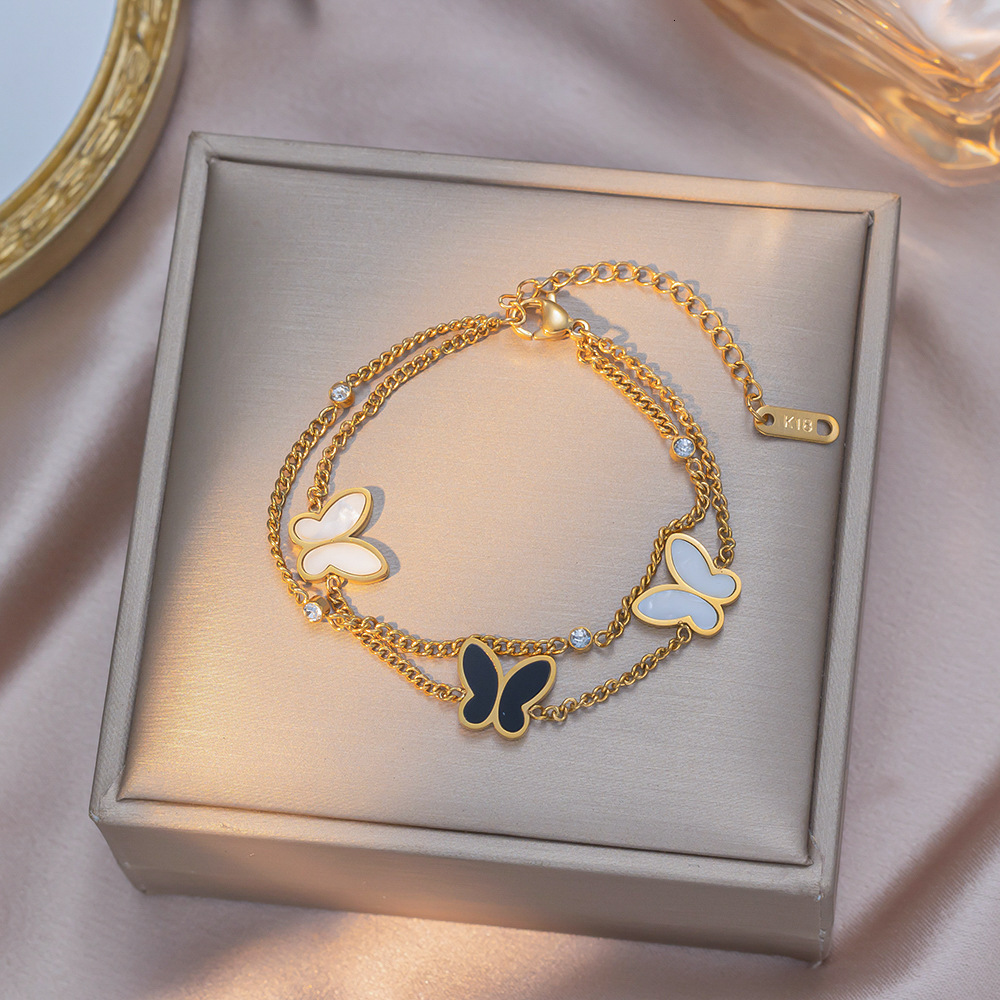 Fashion Trend Black And White Butterfly Double Layer Inlaid Diamond Titanium Steel Bracelet For Women Elegant Versatile Niche High-End Exquisite Jew
