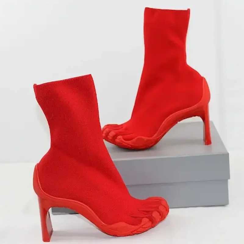 Five Finger Toe Fashion Novel Women Boots Black/pink/white High Heel Ankle Boots 2025 New Elastic Mesh Cloth Luxury Socks Boots