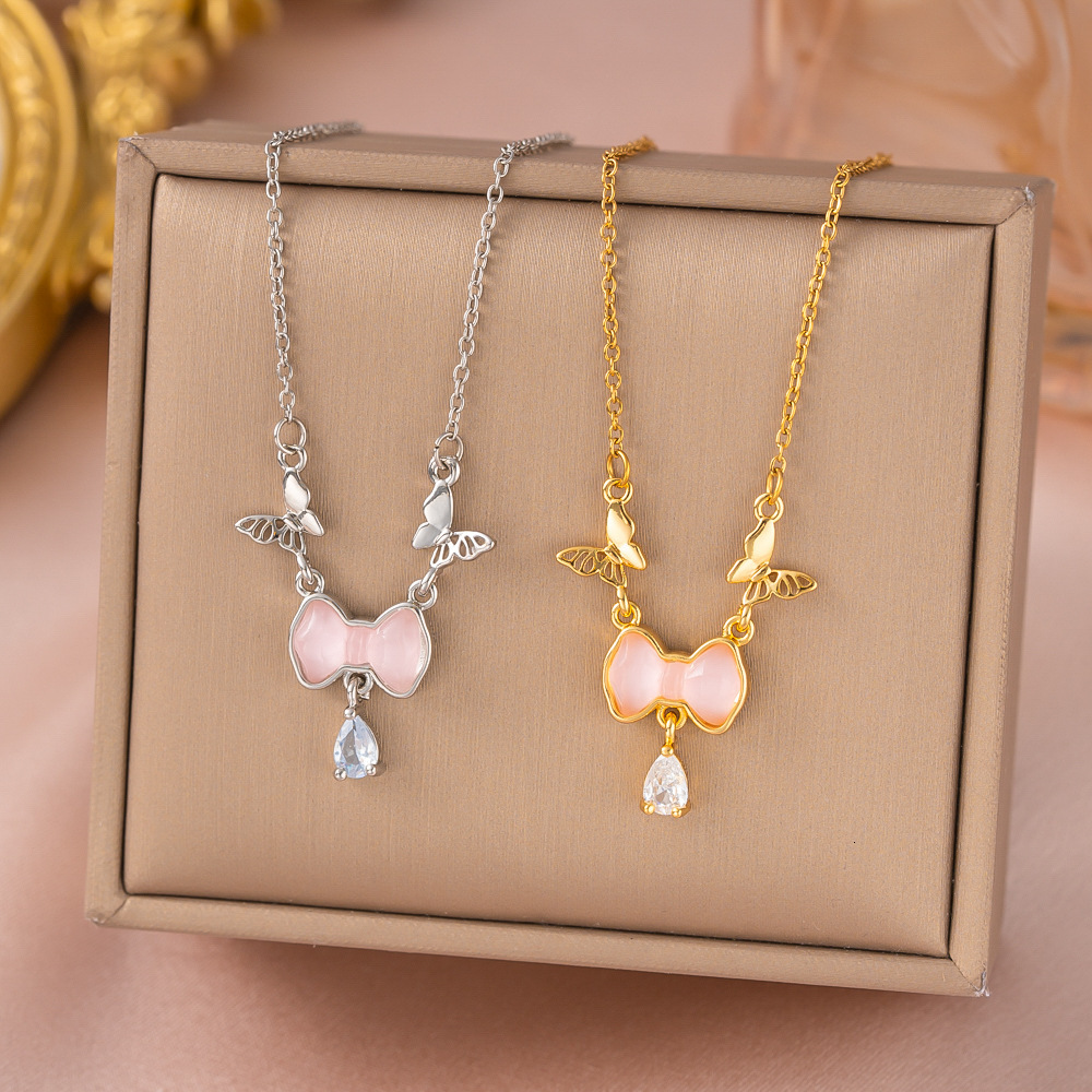 Fashion New Butterfly Tassel Pink Shell Cat's Eye Stone Micro Inlay Necklace For Women Light Luxury Versatile High-End Elegant Collarbone Chain