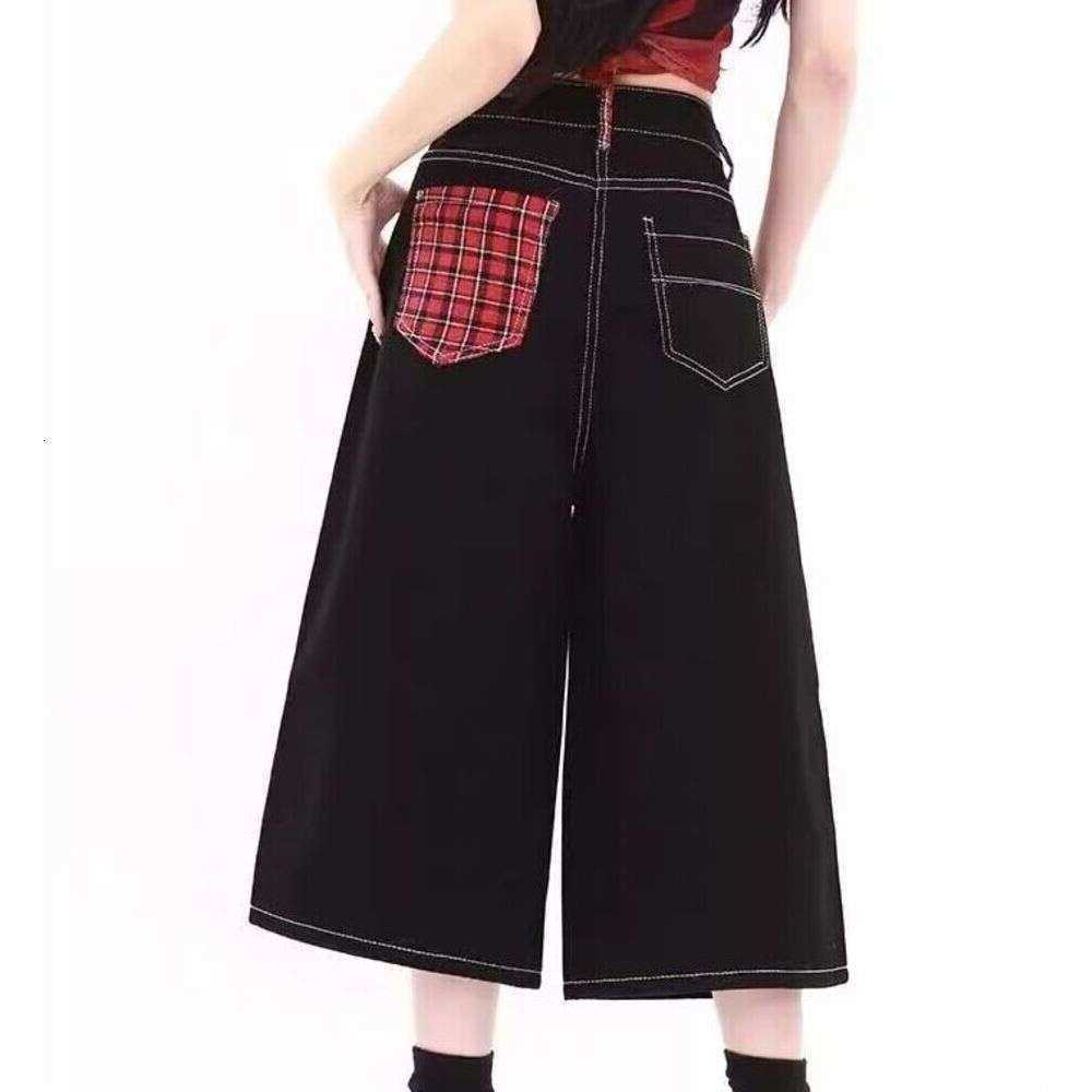 Retro Plus-Size Black And Red Plaid Jeans For Women Autumn High-Waisted Drapey Wide-Leg Pants S261013039J