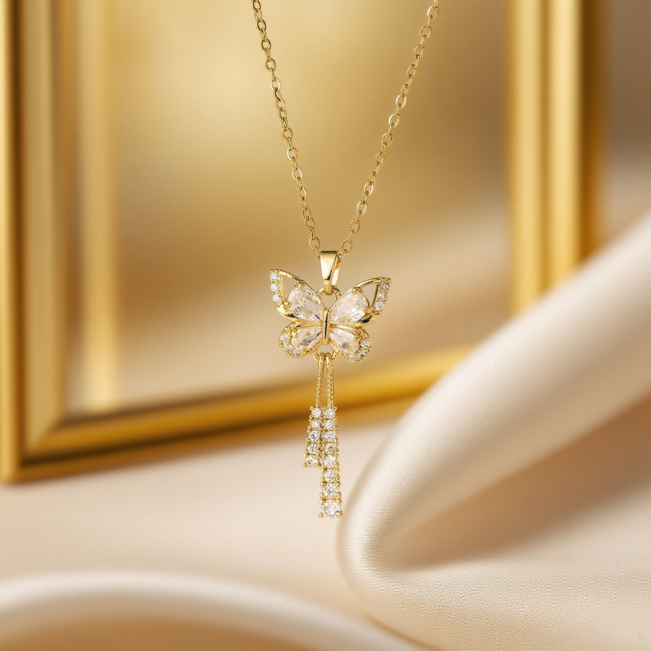 French-Style, Lightweight Luxury Necklace With Full Diamond Butterfly Tassels, Delicate Versatile Clavicle Chain, Elegant And Trendy, Same Style As