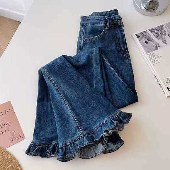 High-Waisted Lace-Trimmed Straight Slimming Wide-Leg Jeans Women Versatile For Spring And Autumn S261013WAIA