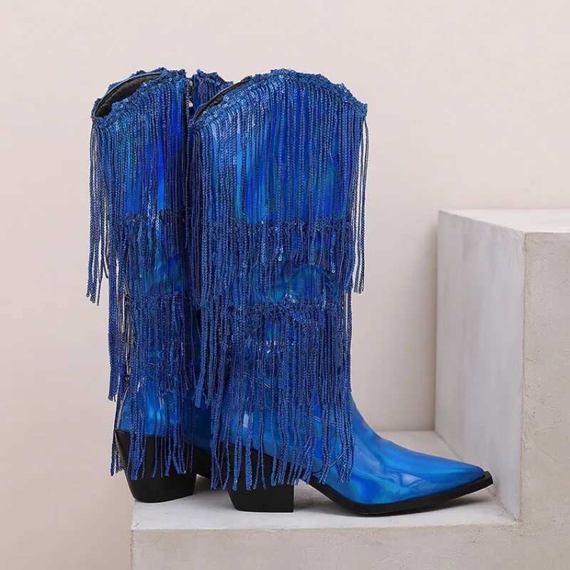 New Tassel Sequins Western Cowboy Boots Black Silver Short Plush Autumn/Winter 6.5cm High Heel Wild Fashion Knee Length Boots 46