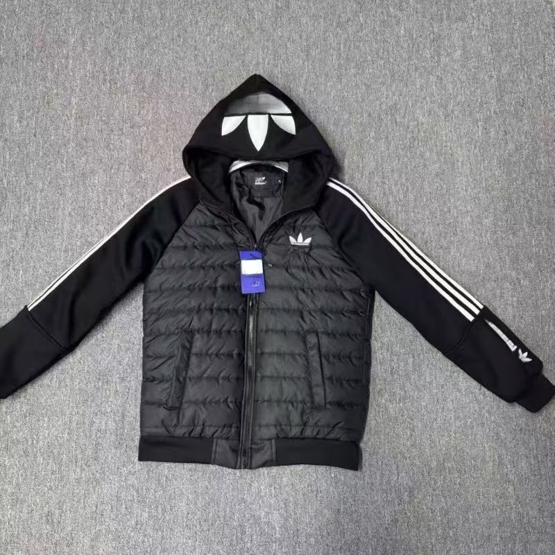 American fashion light luxury clover hooded warm jacket cotton coat zipper printed embroidered jacket three bar long sleeved down jacket top for men