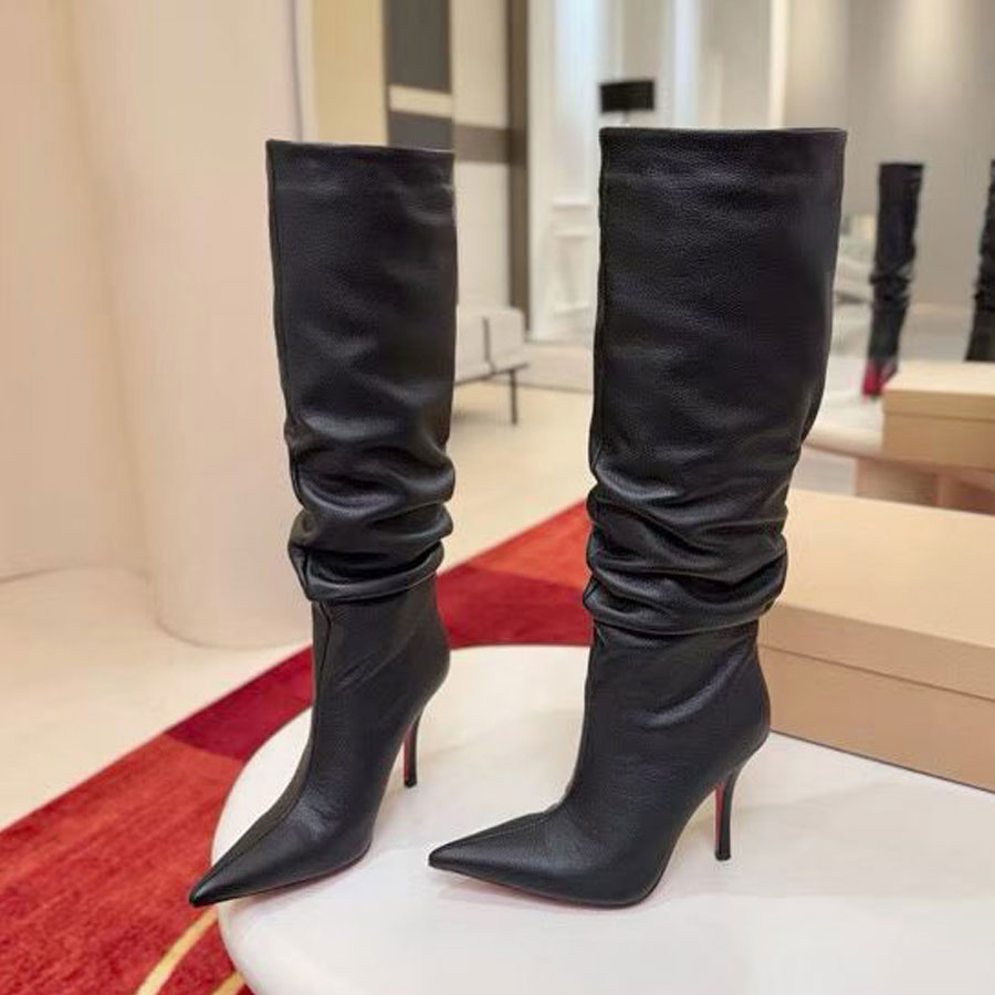 Moda de alta calidad Cuero real Stiletto Tacones altos Botas hasta la rodilla Botas sin cordones Punta puntiaguda Motocicleta Caballero Botas altas