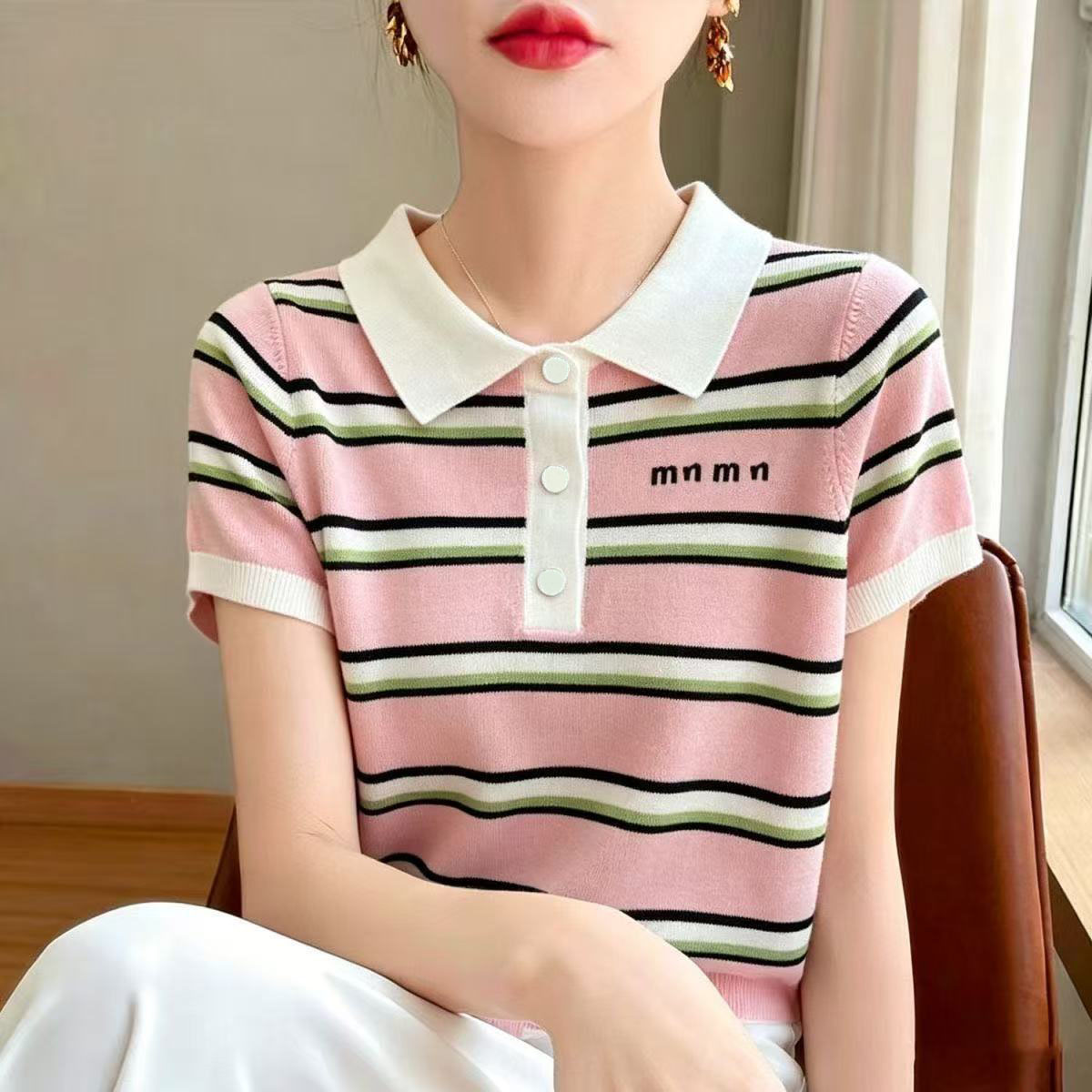 fashion designer European goods luxury 2026 lapel summer knitting new short-sleeved sweater striped fashion Joker top women's fashion tide S--2