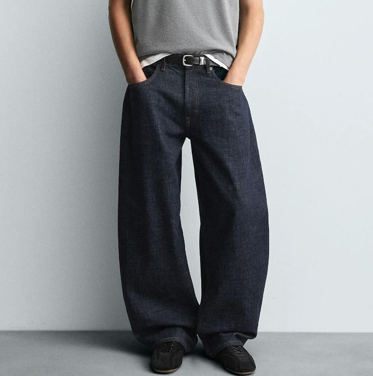 High-Quality Dark Raw Indigo Unwashed Denim Baggy Jeans for Men, Mid Rise Zip Fly Wide Leg Loose Pants