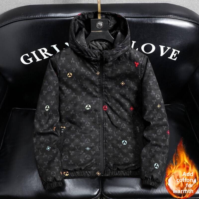 Sun Protection Jacket Men Fashion Monogram Print Zipper Hooded Short Coat Padded Warm Fleece Lined Casual Daily Wear Black