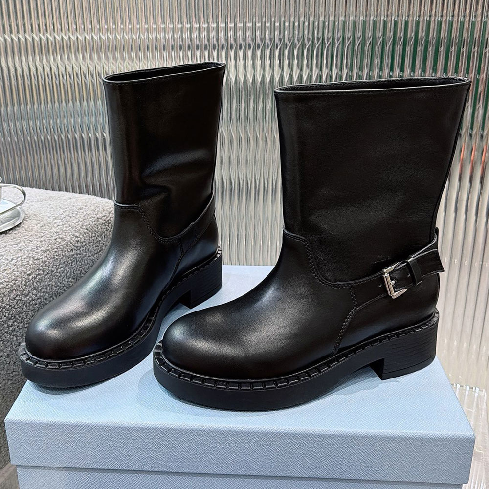 Stride Leather Mid Calf Boots Womens Designer Boot 1U187O Modern Elegance Luxury Knight Boots Fashion Classic Autumn Winter Motorcycle Boots Rubber