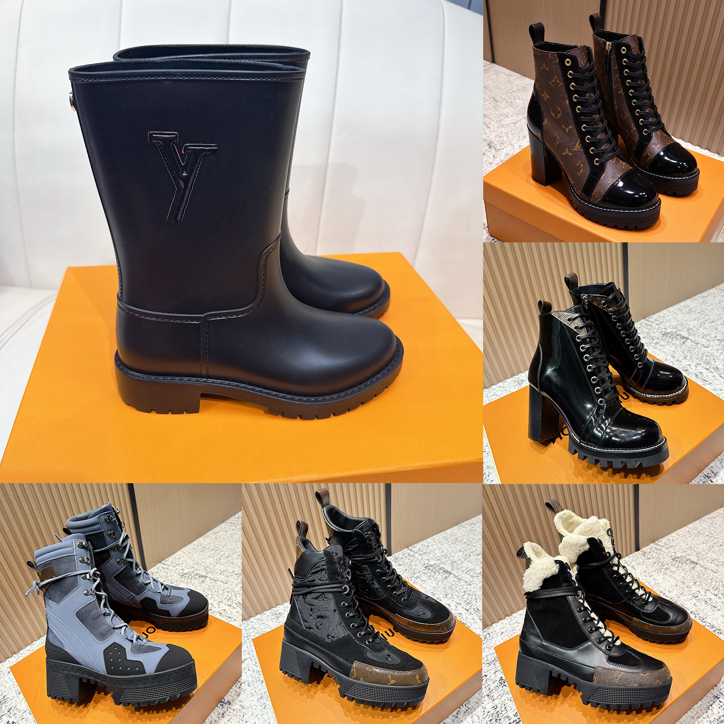 Designer shoes Fashionable Rain boots Luxury Chunky Heel Ankle Boots for Women Fashion Platform Combat Booties AutumnWinter Fashion LeatherLace up M