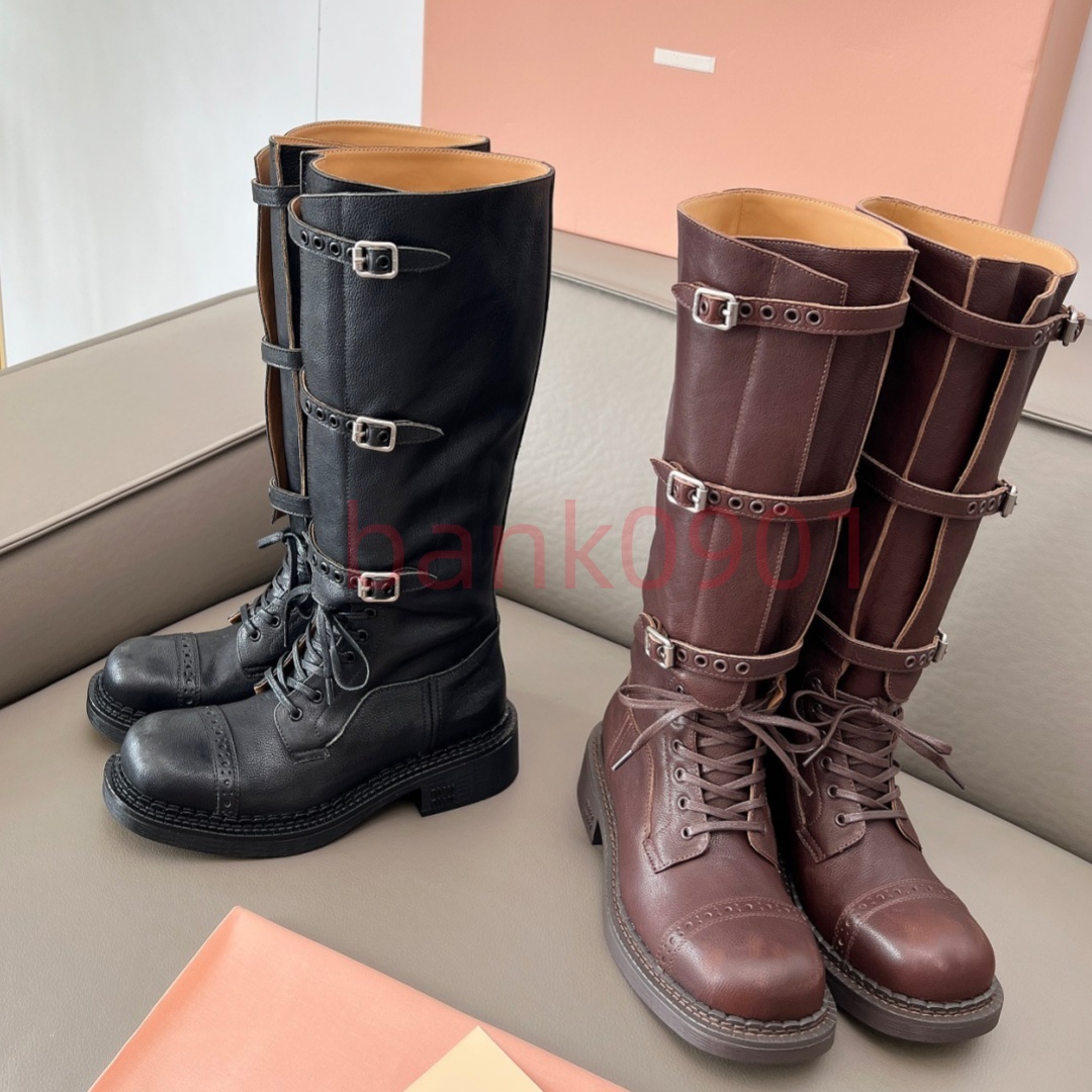 Luxury Designer Womens M Runway Knee High Boots Vintage Distressed Genuine Leather Motorcycle Combat Boot Triple Belt Buckle Lace Up Knight Riding S