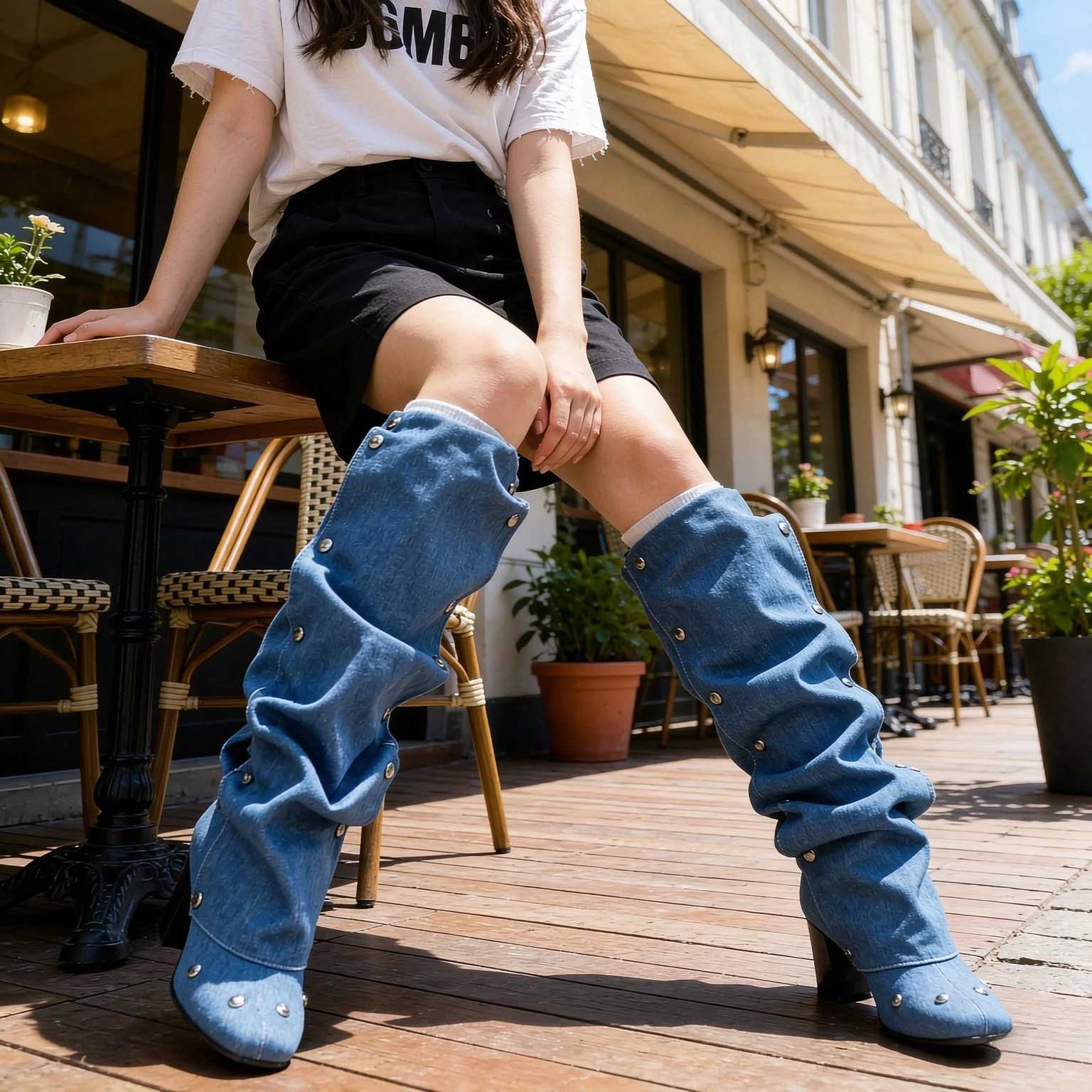 2026 Denim Square Toe Women's Boots Detachable Rivets 7cm Thick Heel and Knee Length Boots Winter Side Zipper Brown Trendy Boots
