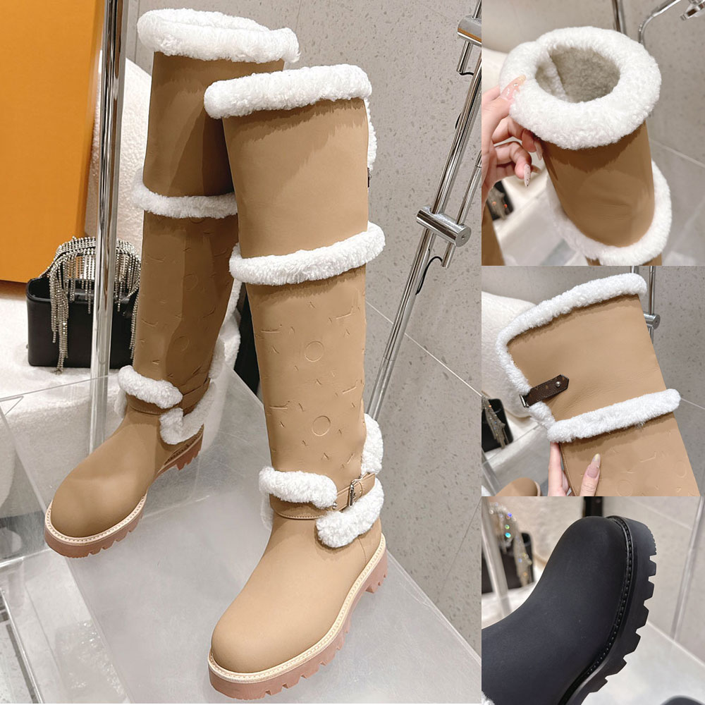 Territory Flat Thigh Boot Womens Designer Ski Boots 1AIUE0 Beige Printing Nubuck Calf Leather Knee Boots Fashion Warm Winter High Boots Shearling Li