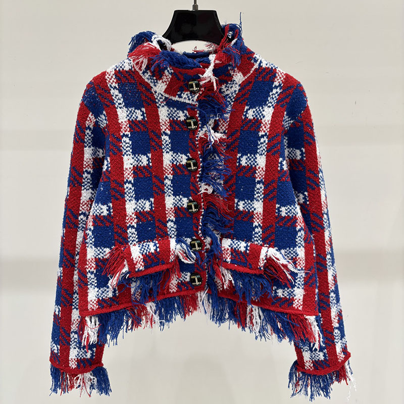 Women Vintage Plaid Tweed Cardigan Designer Cropped Fringe Knitted Jacket Birthday Dinner Party Chic Sweater Coat