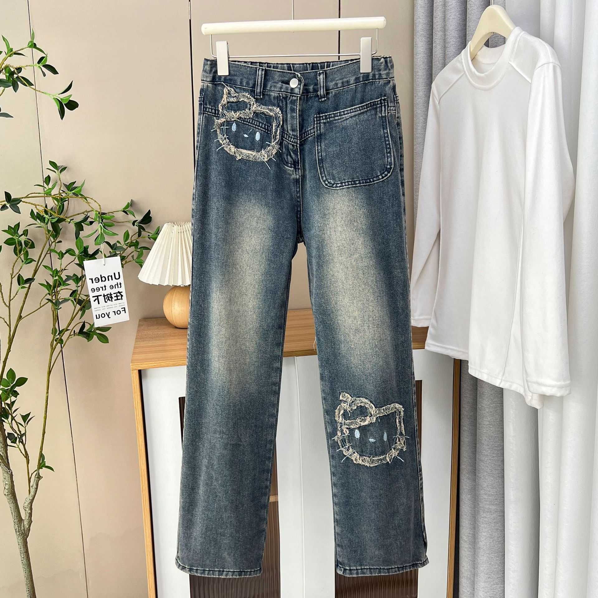 Jeans Plus-Size For Women New Spring Collection High-Waisted Edges Cartoon Straight-Leg Pants S261013JC2G