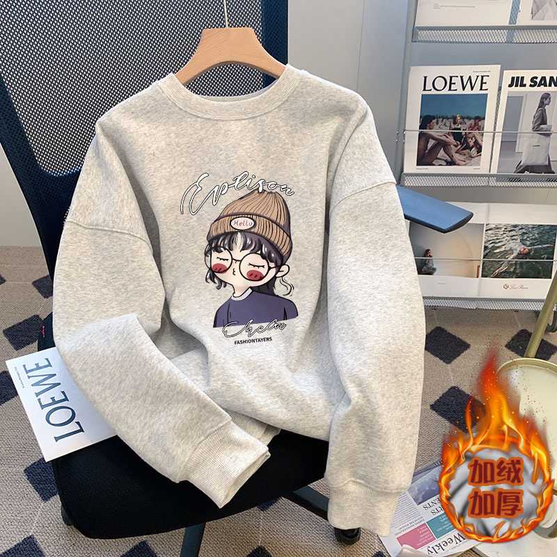 Gray cartoon crew neck sweatshirt for women, autumn new popular style, loose fit, plus size, petite women's top FG 3 bc