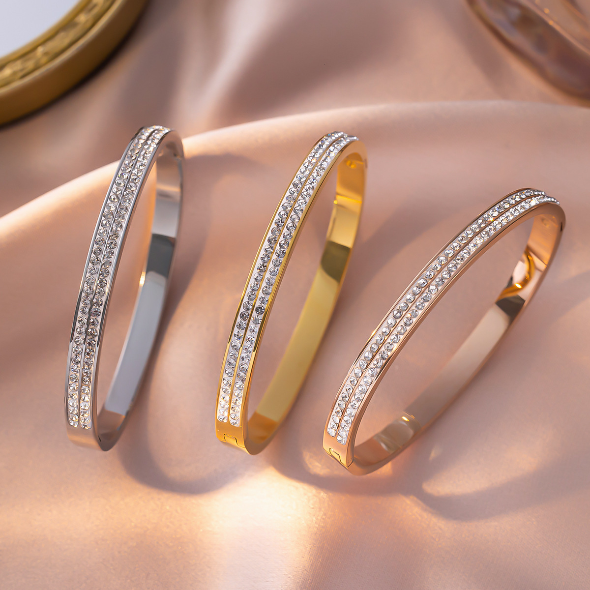 New European American-Style Luxury Double-Row, Full-Diamond Titanium Steel Bracelet For Women, Fashionable, Exquisite, Versatile, With A High-End Fe