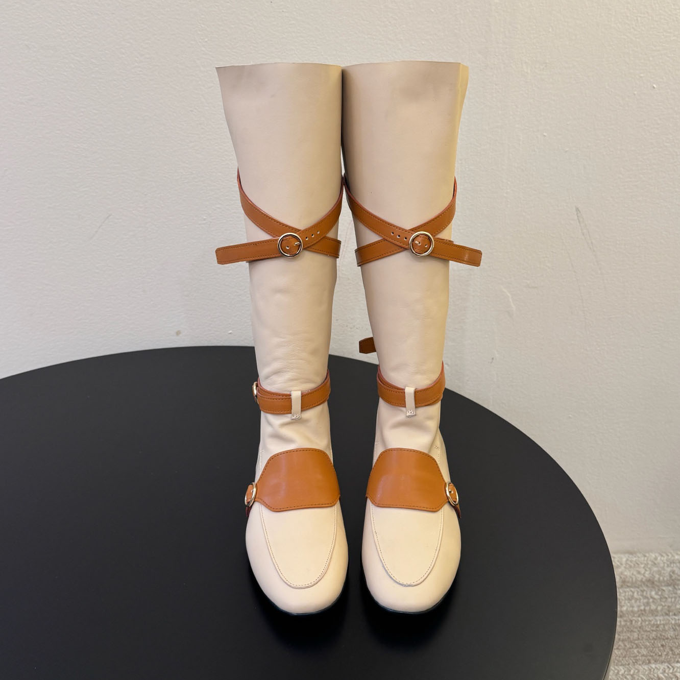 Knee High Flat Boots for Women, Vintage Color Block Multi Buckle Tall Riding Boots, Round Toe Leather Long Boots, Casual Dating Daily Wear Fashion F
