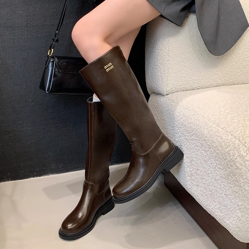 free shipping 2026 hot Women Knee High Knight Boots Back Zipper Round Toe Chunky Heel Black Leather Wide Calf Riding Boots boots designer