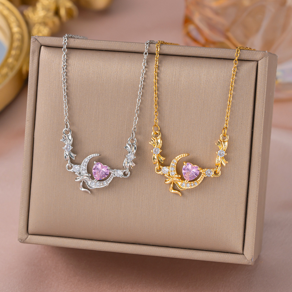 Sweet Elegant Pink Diamond Heart-Shaped Bow Pendant Necklace, Delicate And Fashionable Piece With Fairy-Like Charm, New Design For Women, Perfect As