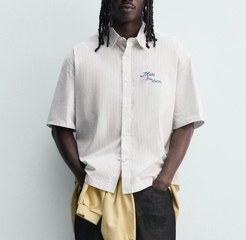 High-quality men's white striped short-sleeve shirt for summer, casual loose embroidered lapel pure cotton couple daily top