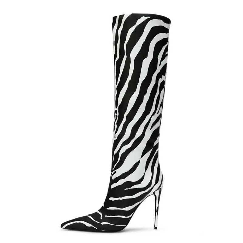 Pointed Thin Heel Leopard Print Long Boots for Women's Fashionable Sexy Mixed Color Knee Large Size 43 Women's Shoes