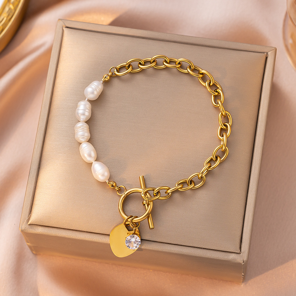 Korean And Japanese Fashion Elegant Heart Zircon Jewelry Simple Light Luxury Versatile Freshwater Pearl OT Buckle Stainless Steel Bracelet For Women