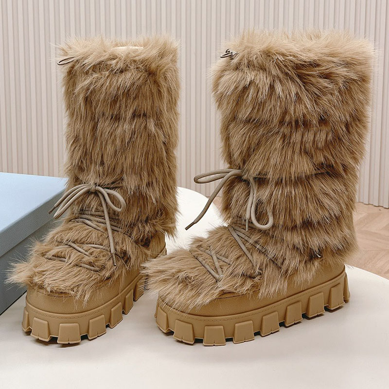 Shearling Apres Ski Boot Retro Designer Womens Long Haired High Tube Lace Up Lock Temperature Thickened Upper Gear Thick Sole Height Increasing Outd