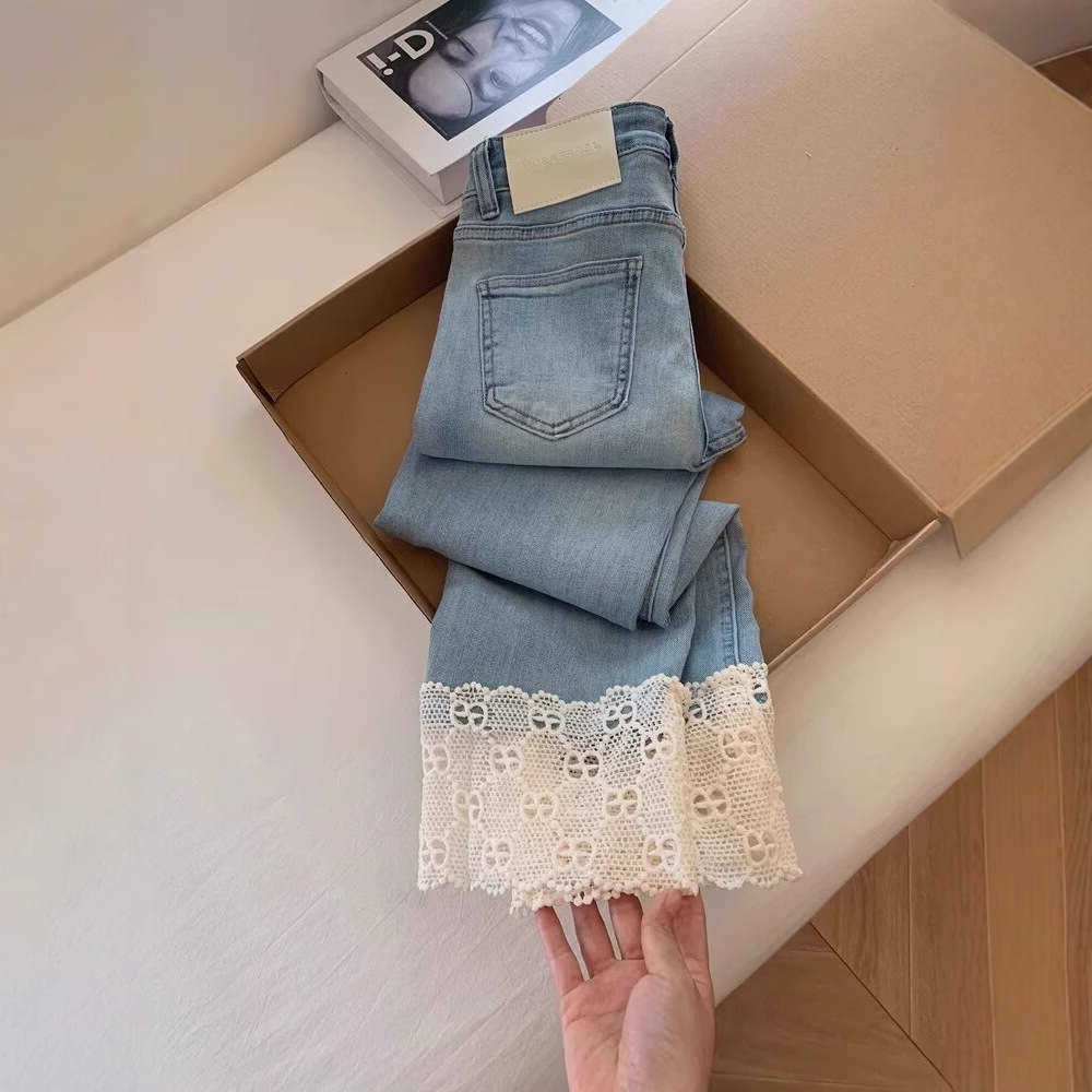 Women's Plus-Size Clothing Summer High-Waisted Lace Jeans For Plus-Size Women Hip-Covering And Slimming Straight-Leg Pants S261013UD9L