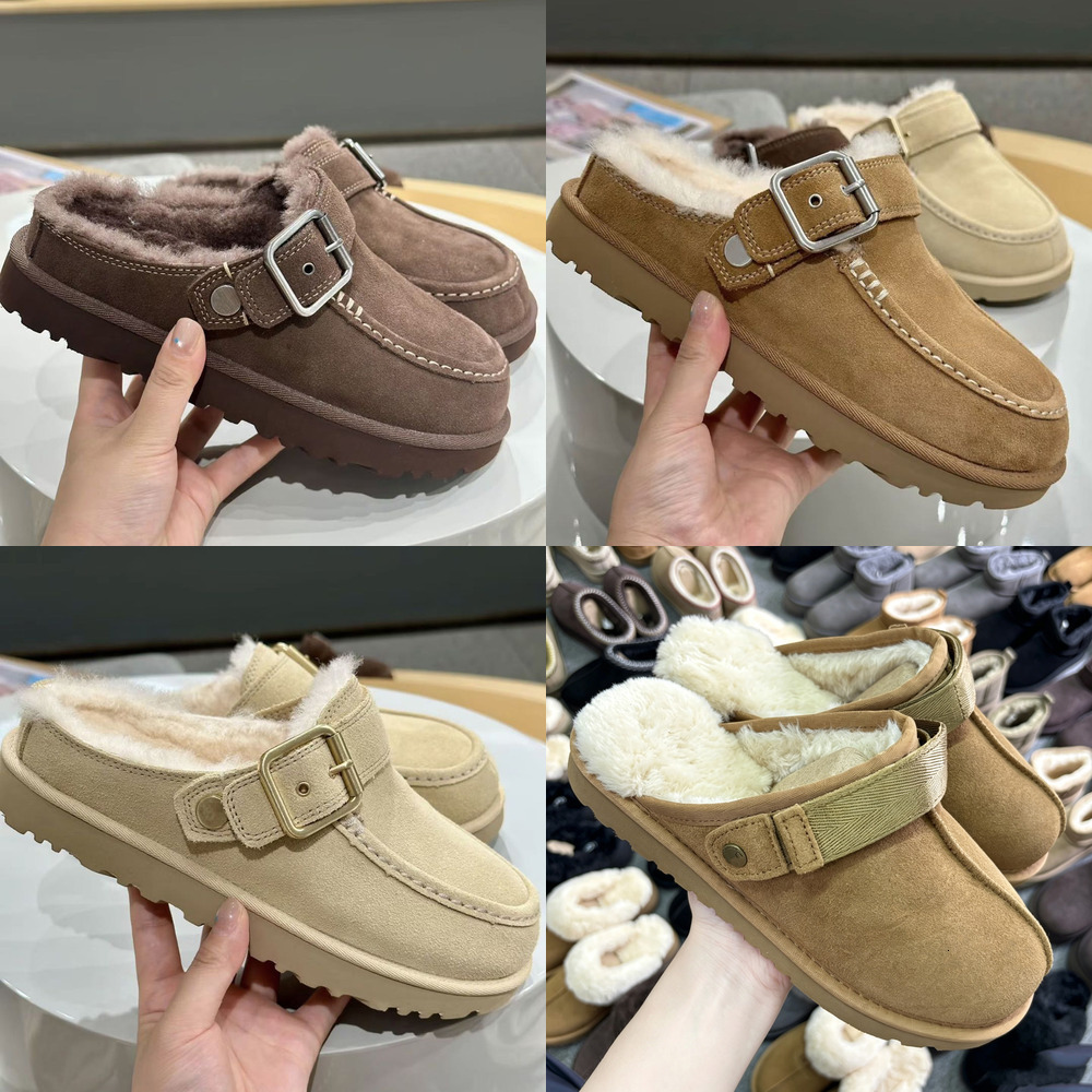 Fur Designer Luxury Brown Moccasin Mule Slipper Suede Winter Buckle House Indoor Comfort Casual Womens Shoe Fashion Quality Modern Stylish Red Black