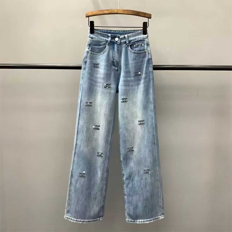 Waist Women's Wide Leg Jeans 2026 Summer New Light Blue Letter Embroidery Rhinestone Slim Pants size S--3XL S261013MUH5