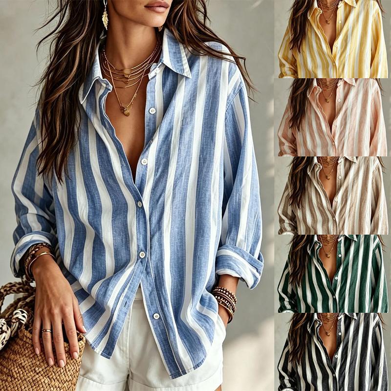 Designer Women Striped Print Loose Fit Button Down Collar Long Sleeve Blouse Casual Office Commute Shirt For Fall