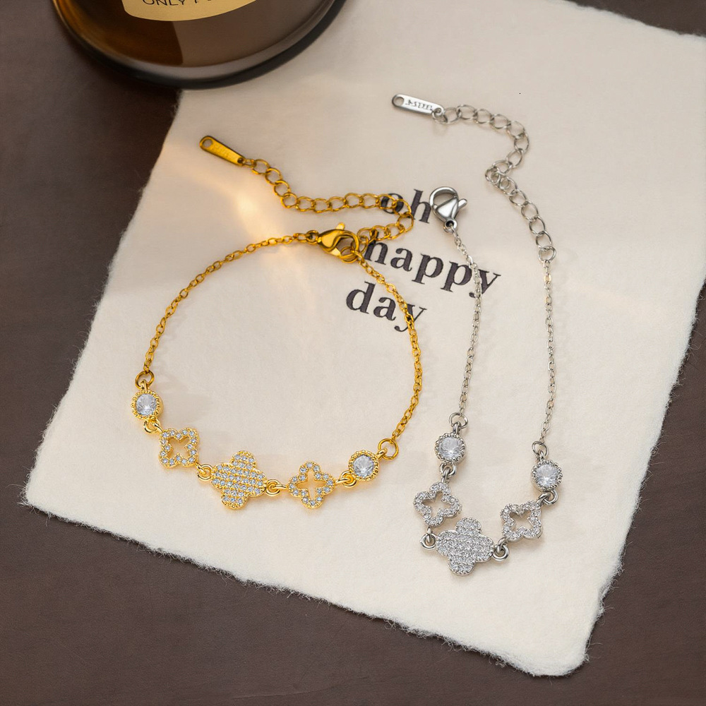 Super Sparkling, Full Of Diamonds, Four-Leaf Clover Micro-Embedded Bracelet For Women, Light Luxury, Niche, High-End, Exquisite, Stackable, Versatil