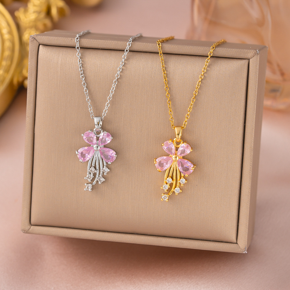Tiktok Hot-Selling Pink Butterfly Four-Petal Flower Micro-Inlaid Full Diamond Necklace For Women, Light Luxury High-End Tassel Collarbone Chain Chok