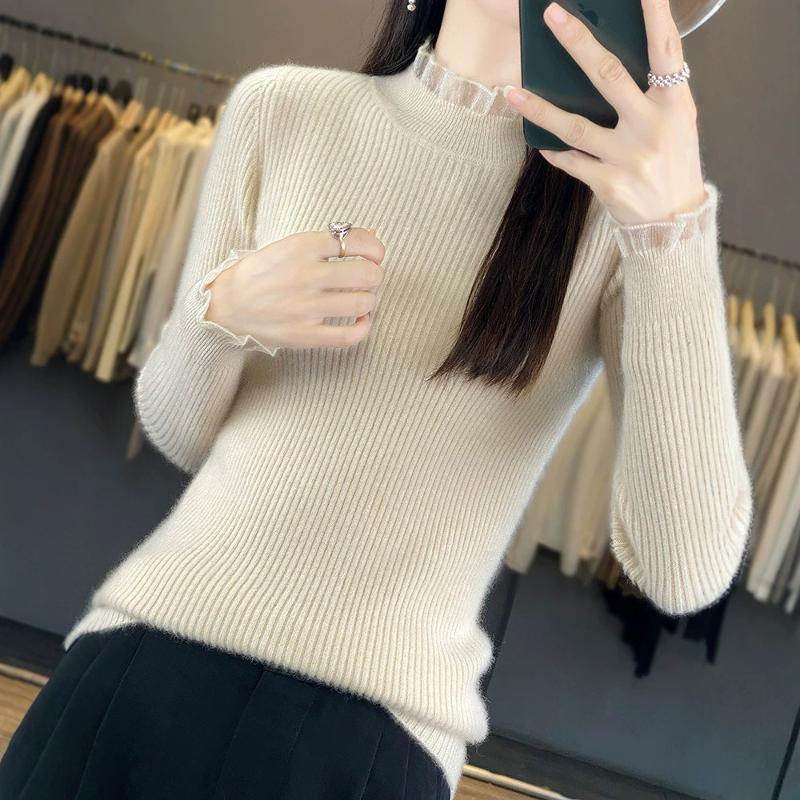 Designer Women's Half Turtleneck Ruffle Trim Knit Sweater Slim Fit Fall Winter Pullover Top Solid Color Elegant Knitwear